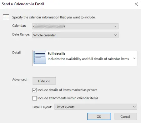 Image: Outlook: Advanced options in the ‘Send a Calendar via Email’ dialog box