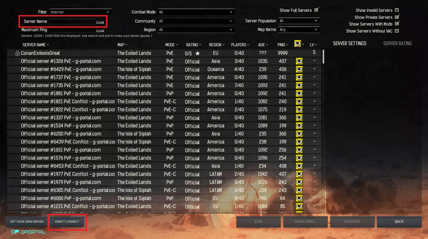 Image: Server list in Conan Exiles