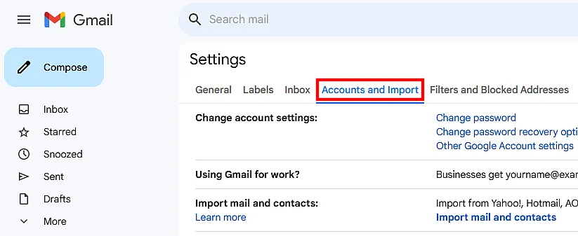 Image: ‘Accounts and Import’ section in the Gmail settings