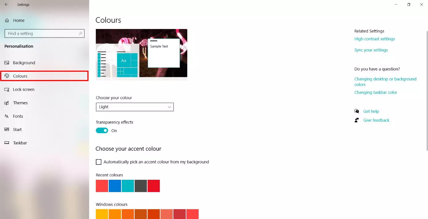 Image: Windows settings: ‘Colors’