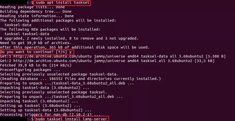Image: Screenshot of Ubuntu terminal after entering the installation command for Tasksel and the LAMP server
