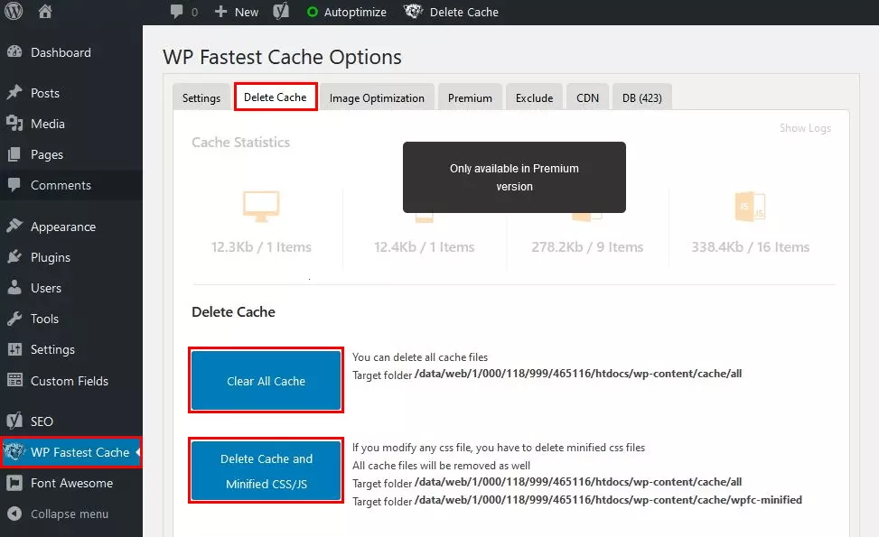 Image: WP Fastest Cache: button for deleting the WP cache in the plugin options