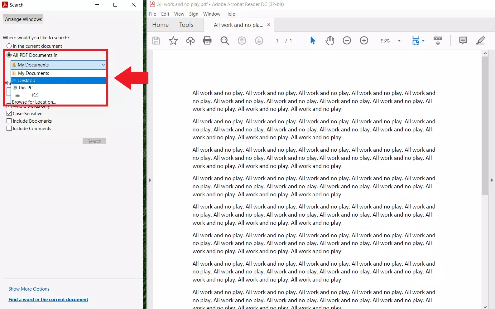 Image: Selecting the folder containing the PDFs that will be searched
