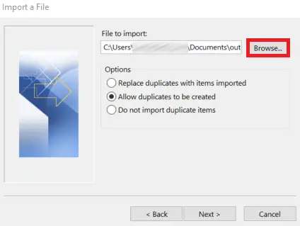 Image: Outlook 365: ‘Import a File’ menu