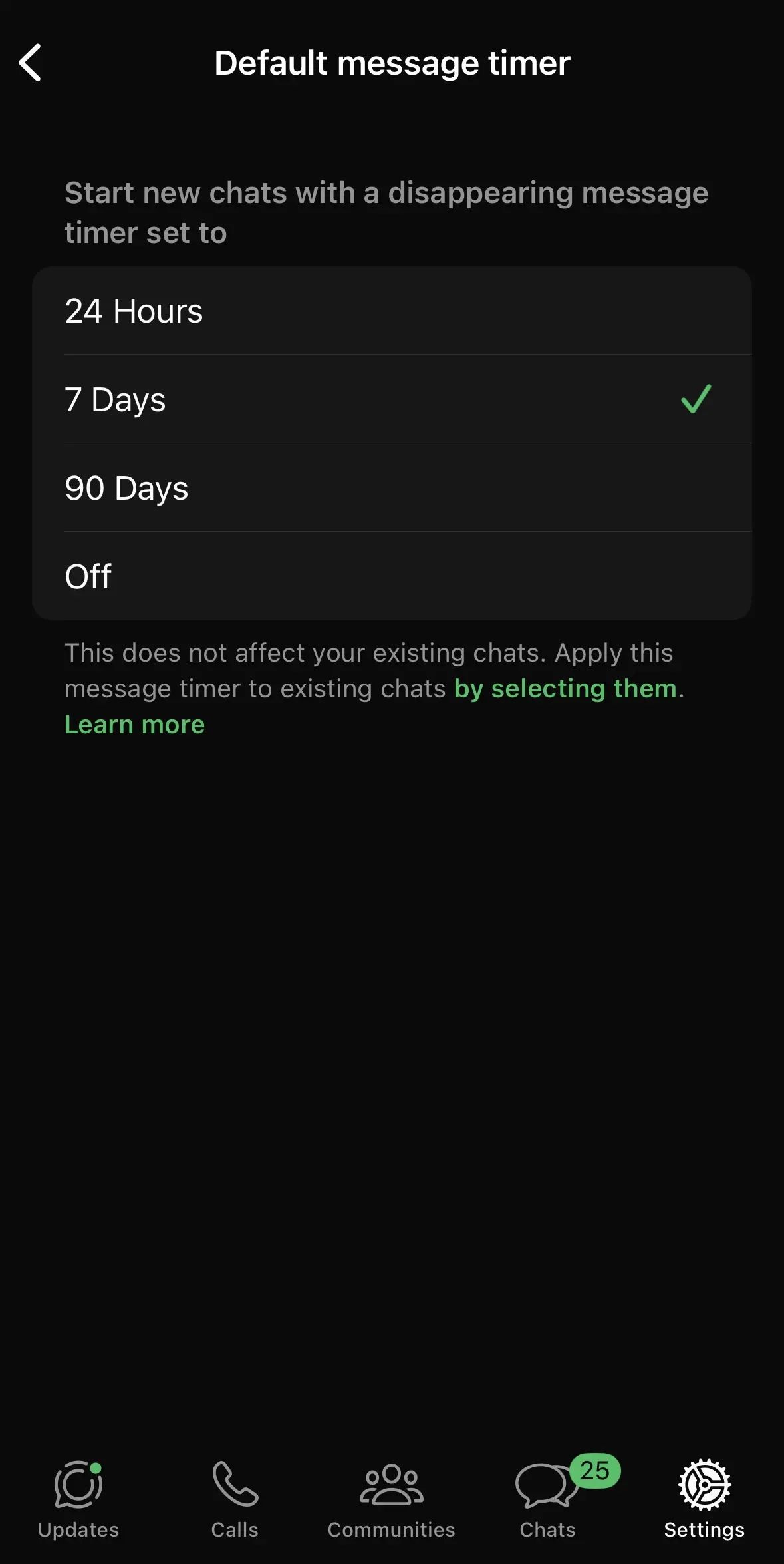 Setting the default message timer on WhatsApp Image: Setting the default message timer on WhatsApp