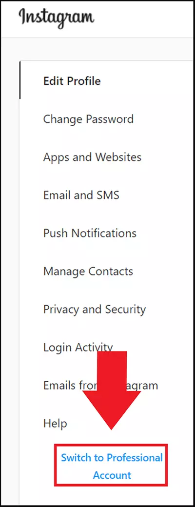 Image: Instagram settings 'Switch to Professional Account' option