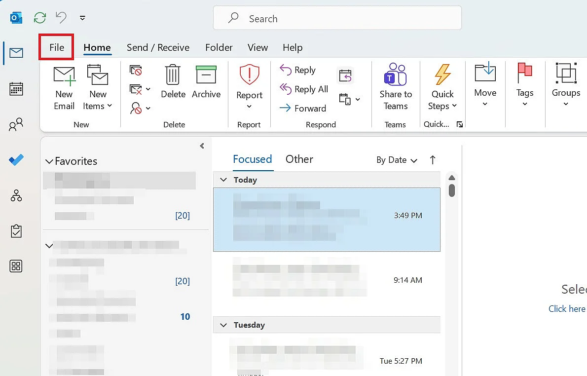 Click on the ‘File’ tab to set your out-of-office notice Image: Click on the ‘File’ tab to set your out-of-office notice