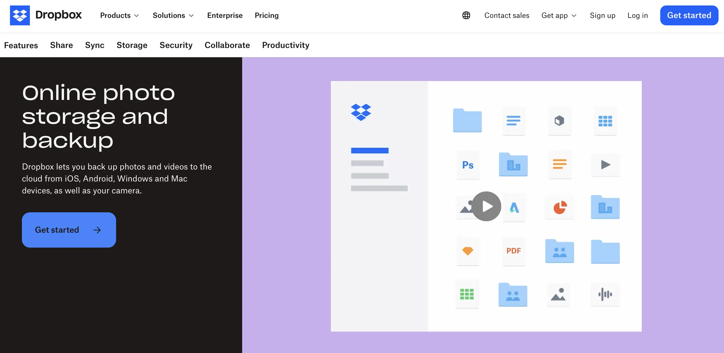 Image: Screenshot of the Dropbox page ‘Storage space for pictures’
