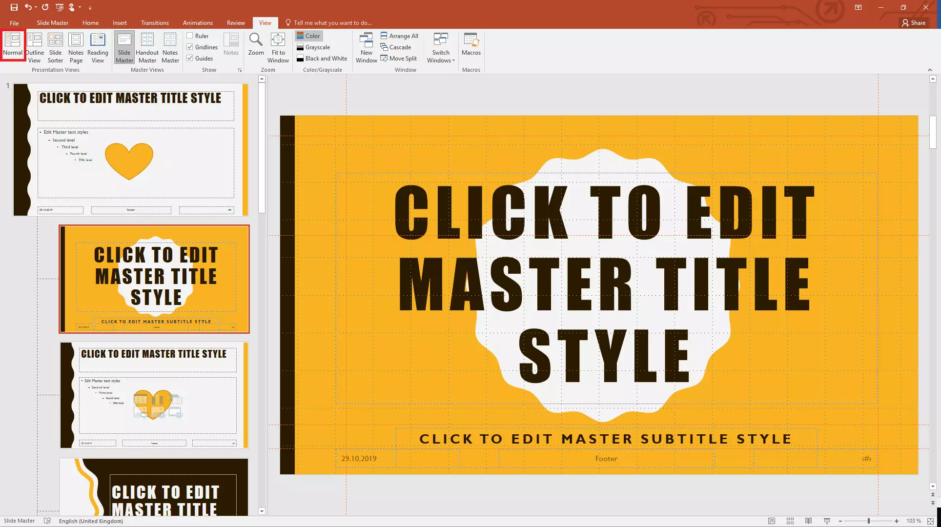 Image: Switching from Slide Master view to Normal view in PowerPoint 2019