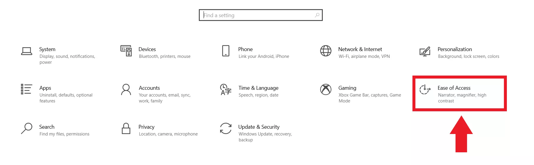 In the Settings menu, click the ‘Ease of Access’ field