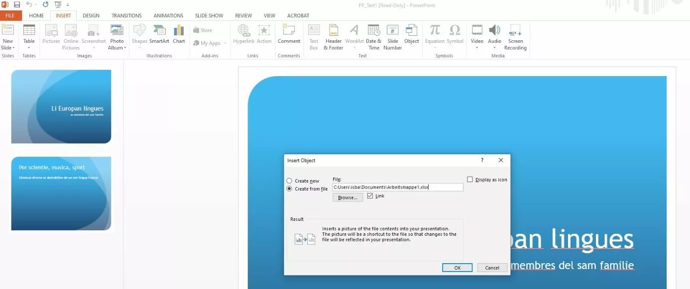 Image: ‘Insert Object’ dialogue in PowerPoint