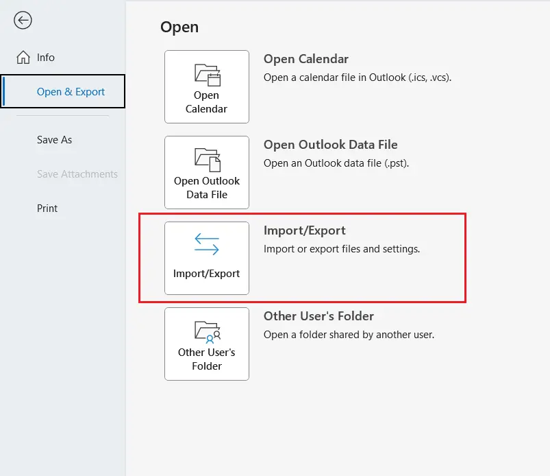 Outlook ‘Open’ menu, found under ‘File’ > ‘Open & Export’ Image: Outlook ‘Open’ menu, found under ‘File’ > ‘Open & Export’