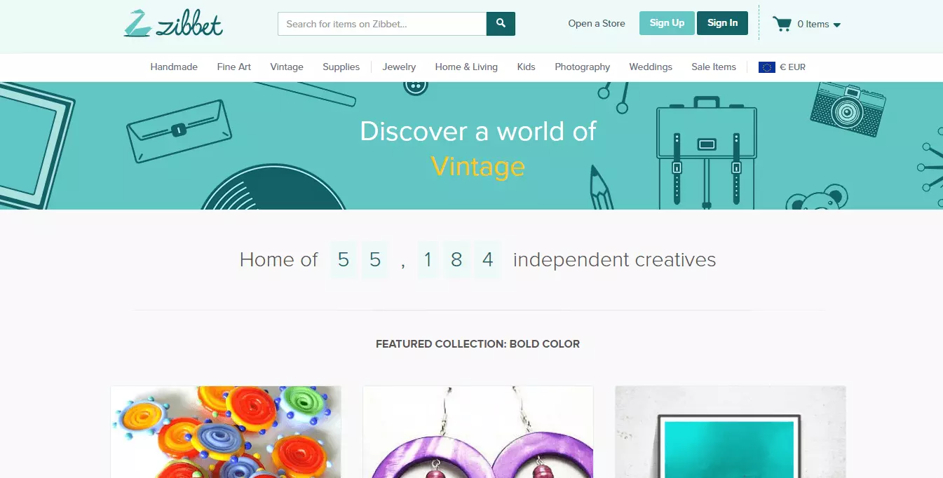 Image: Homepage of zibbet.com
