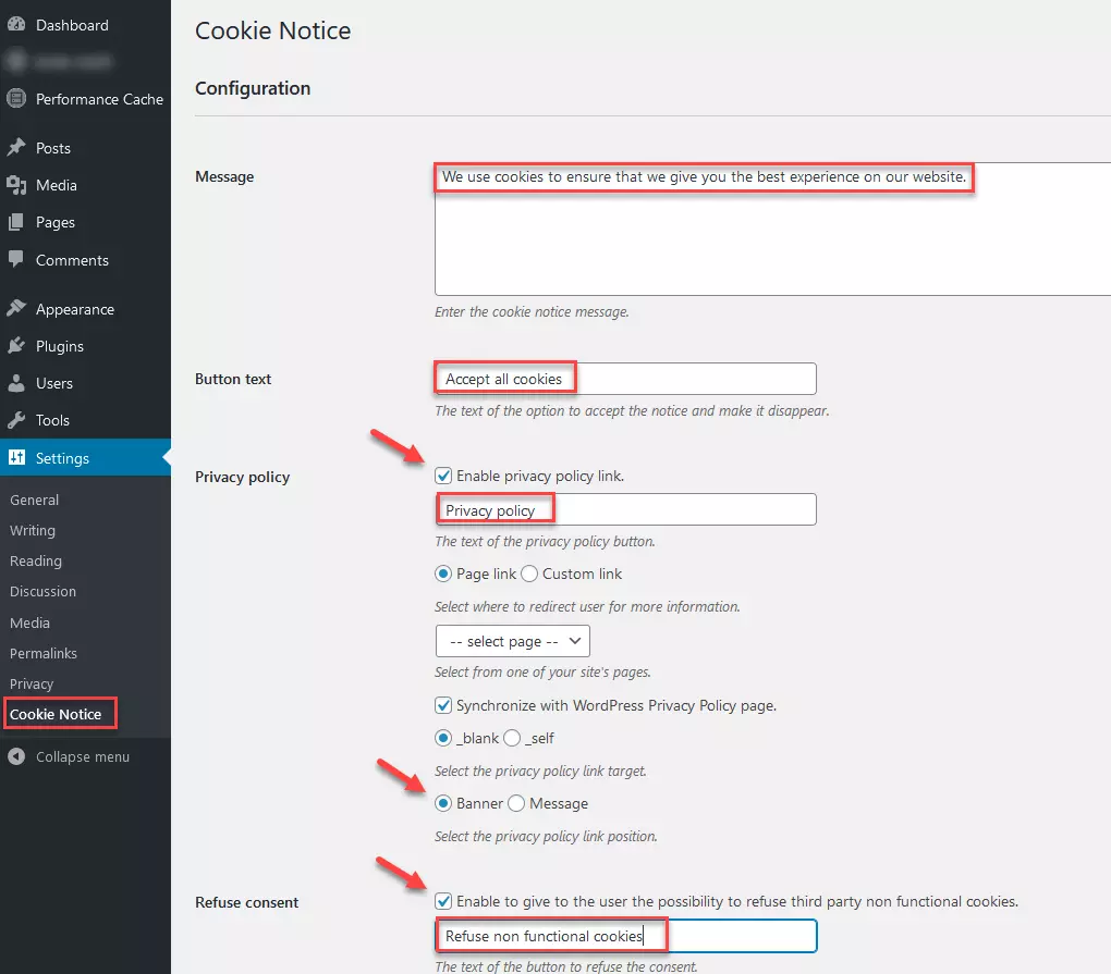 Image: Cookie Notice: Settings