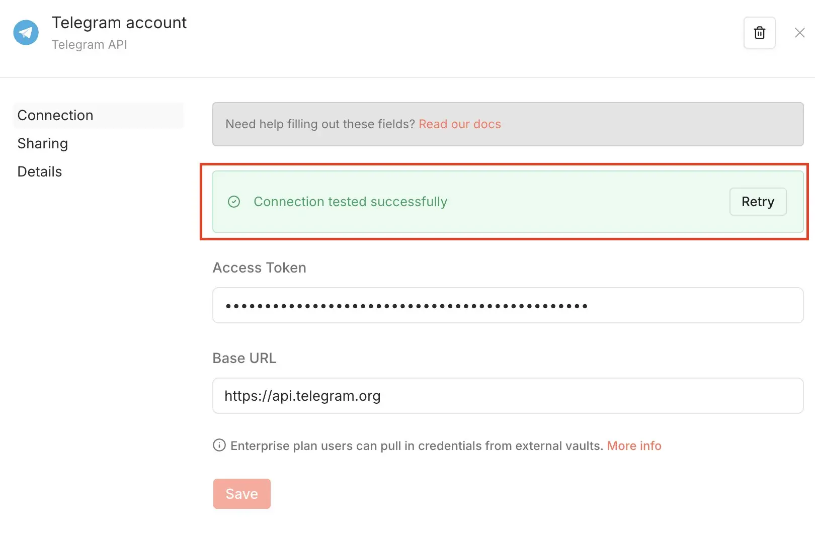 Test Telegram credentials Image: Test Telegram credentials