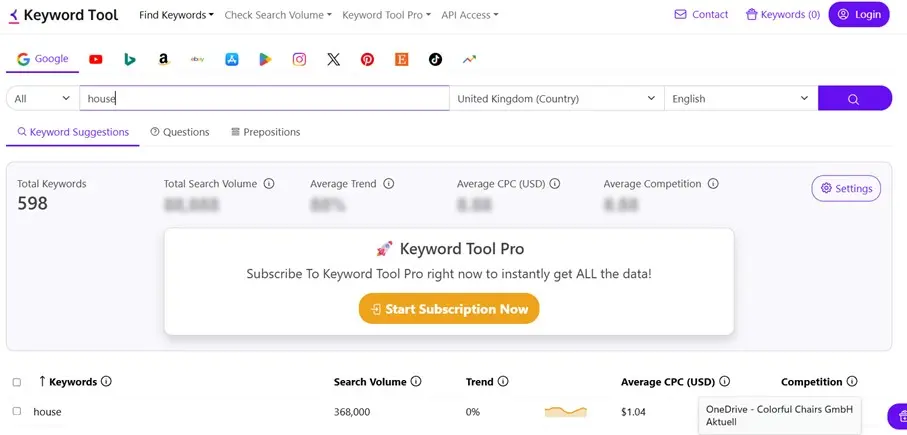 Image: KeywordTool.io: Result of Google search for the term ‘house’
