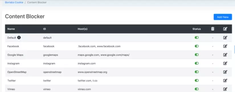 Image: Borlabs Content Blocker for different social media platforms, e.g. Facebook, YouTube, etc.