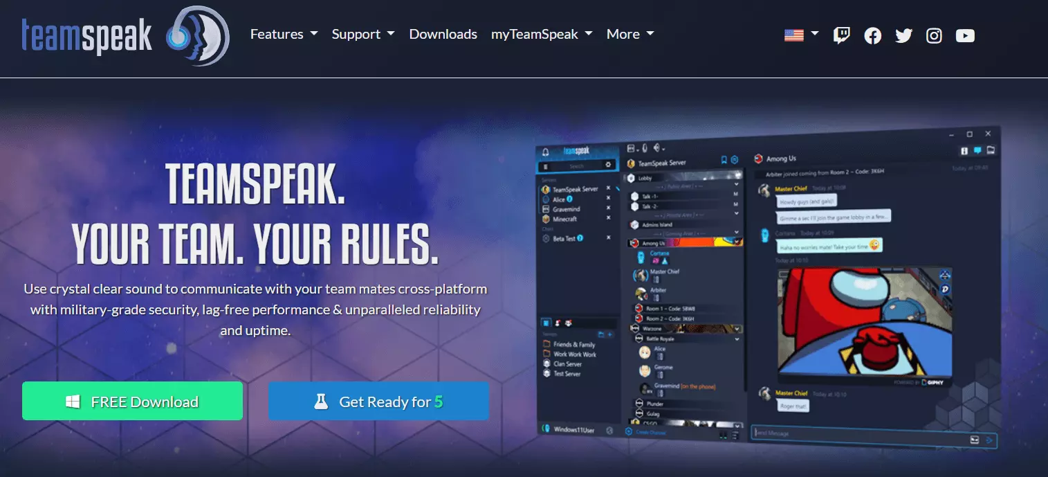 Image: Homepage of the TeamSpeak application including download button