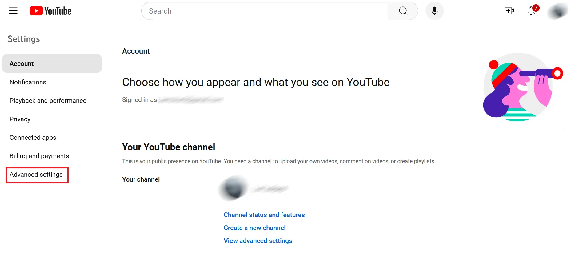 Image: ‘Advanced settings’ in the YouTube menu