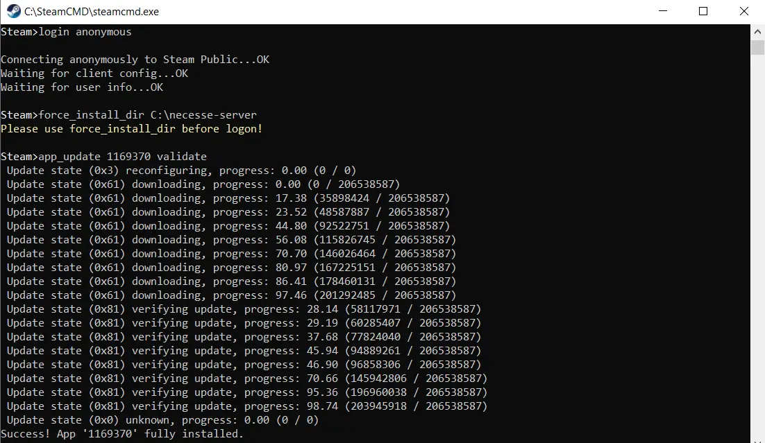 SteamCMD: Installation of the ‘Necesse Dedicated Server’ app Image: SteamCMD: Installation of the ‘Necesse Dedicated Server’ app