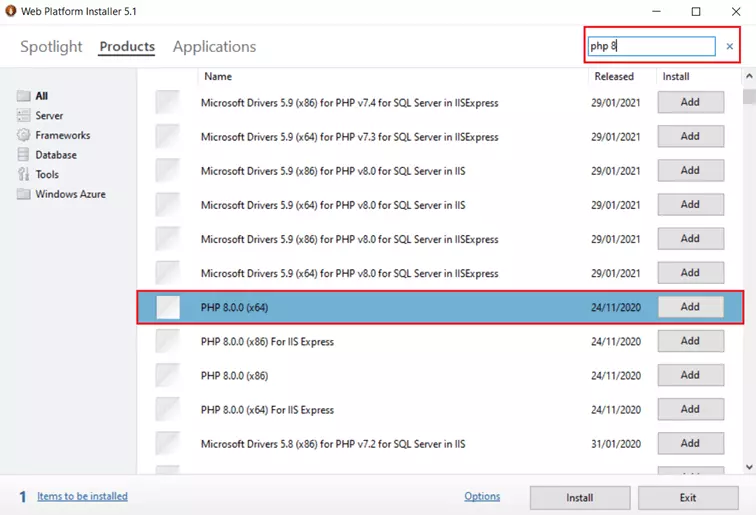 Image: Screenshot of the 'Products' tab in the Microsoft Web Platform Installer with 'Add' option