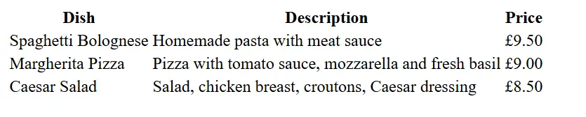 Image: Example of an HTML table