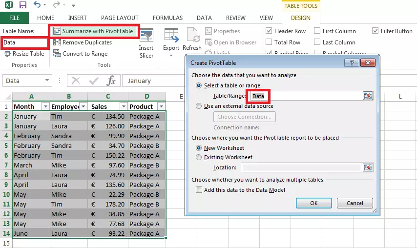 Image: Excel window when creating a new pivot table