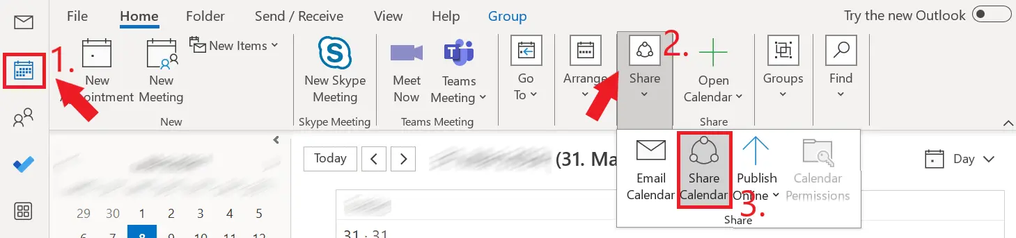 Image: Outlook: Calendar view toolbar in the ‘Home’ tab