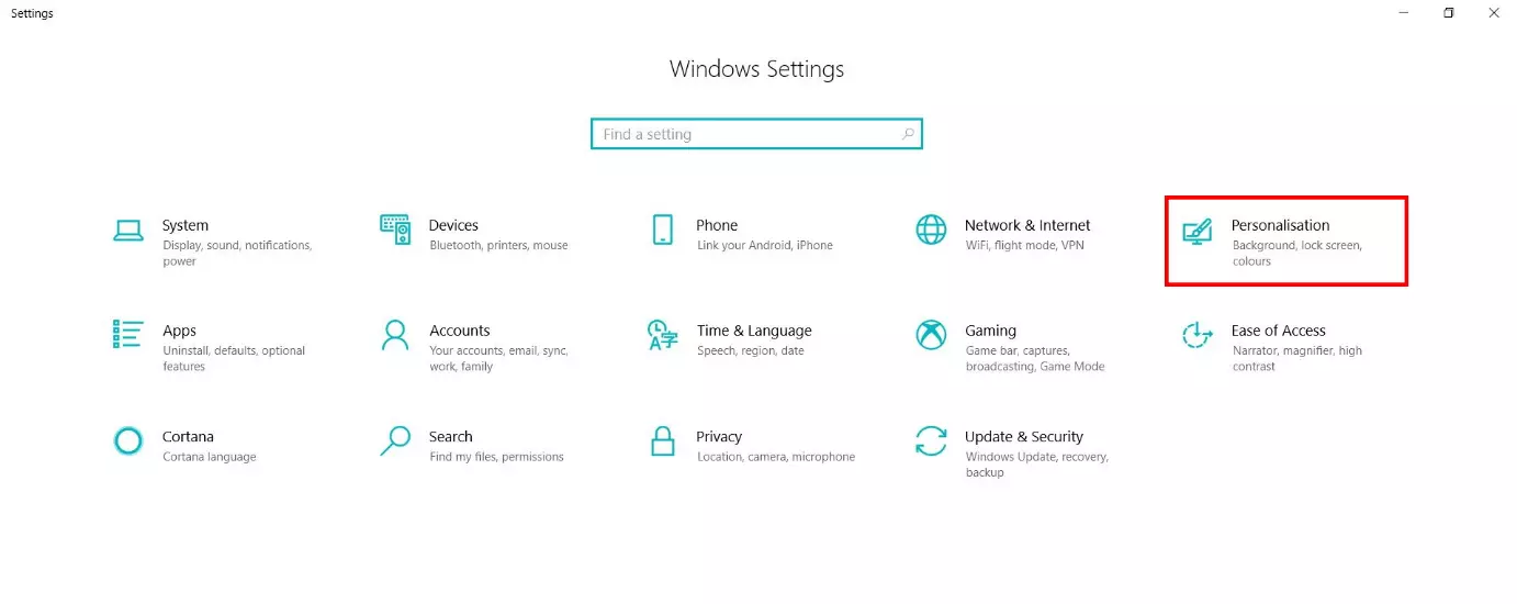 Image: Windows settings: ‘Personalisation’ option