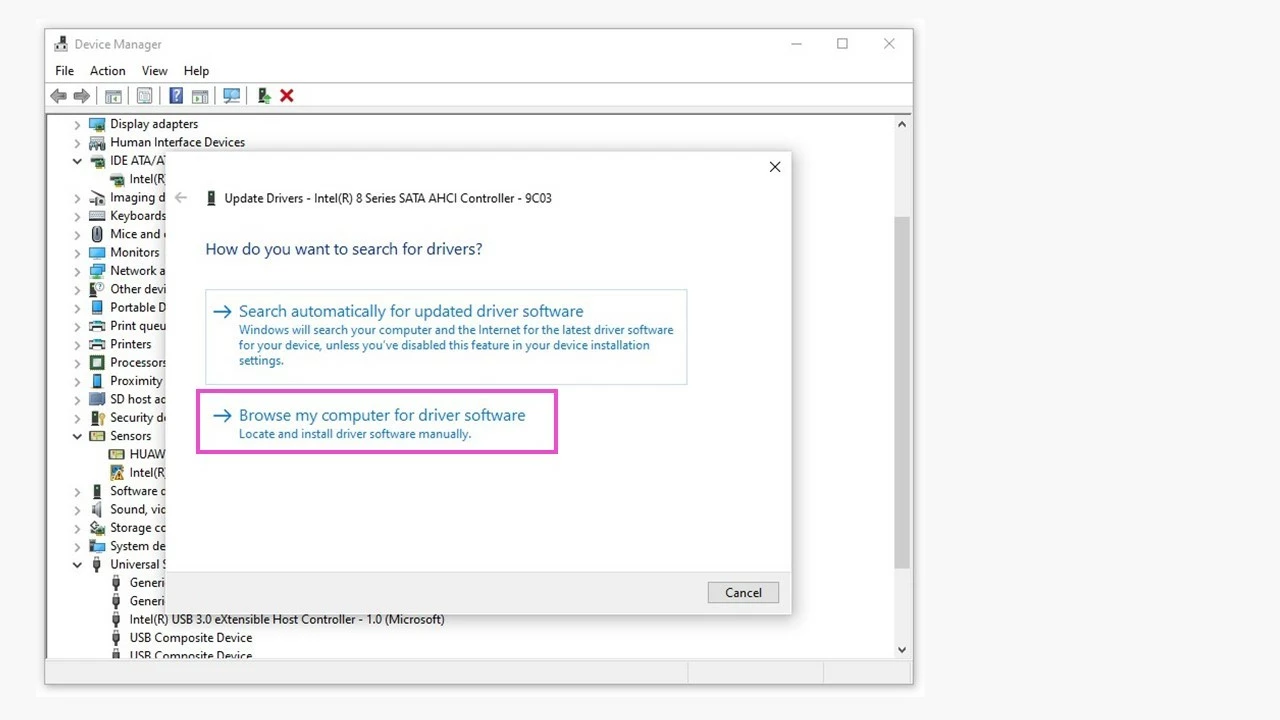 Image: Manual driver installation in Windows Device Manager 