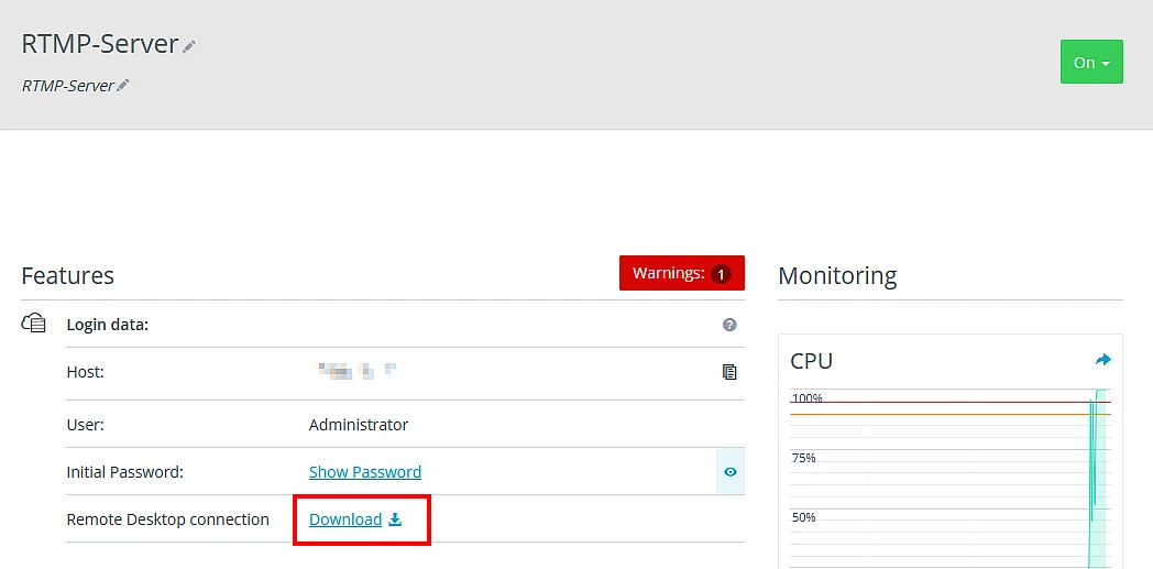 IONOS Cloud Panel for an RTMP server Image: IONOS Cloud Panel for an RTMP server