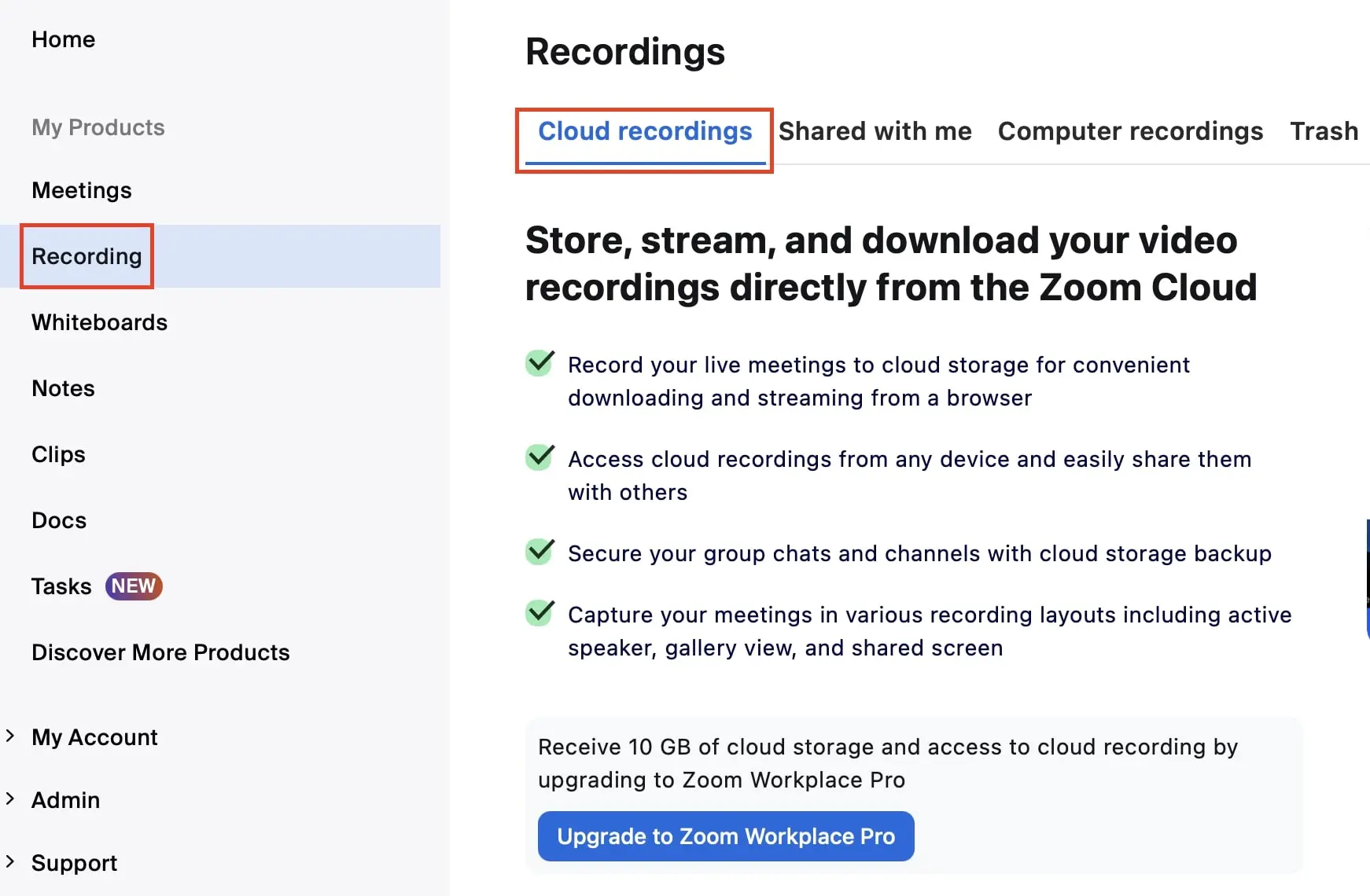 Recording settings menu in Zoom Image: Recording settings menu in Zoom