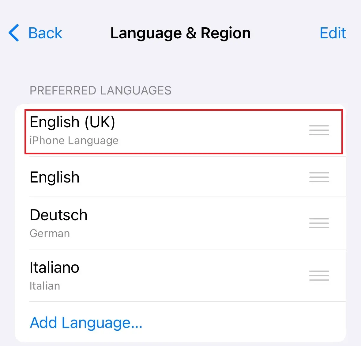 Image: Screenshot of iPhone ‘Language & Region’ settings