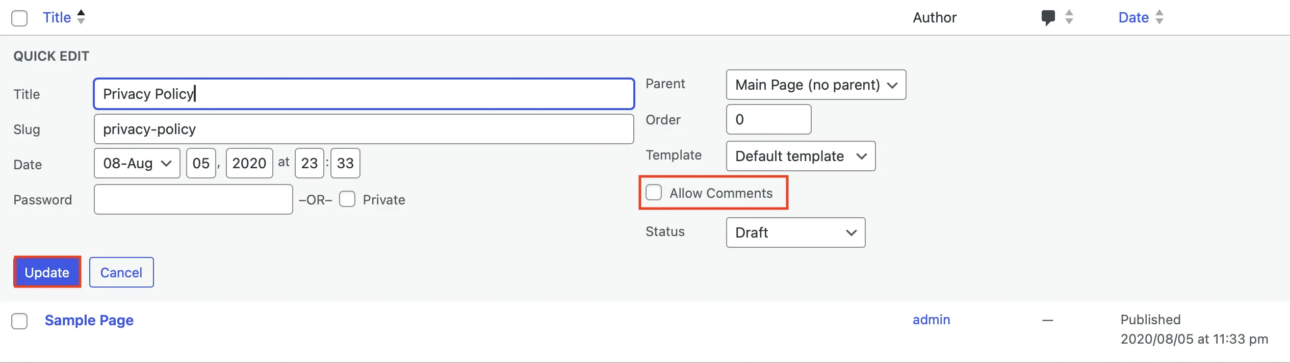 ‘Quick Edit’ settings for a page, with ‘Allow Comments’ option ticked Image: ‘Quick Edit’ settings for a page, with ‘Allow Comments’ option ticked