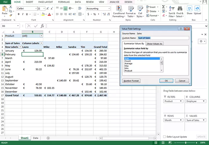 Image: Changing the value field settings of a pivot table