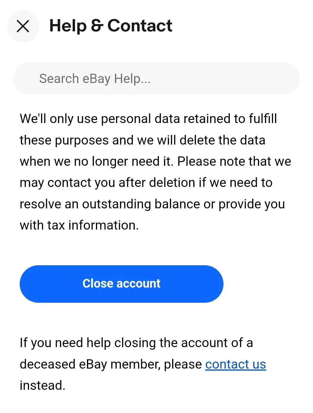 Screenshot of the eBay Help page with the ‘Close account’ button Image: Screenshot of the eBay Help page with the ‘Close account’ button