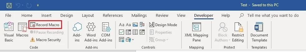 Word 2016: “Developer” tab