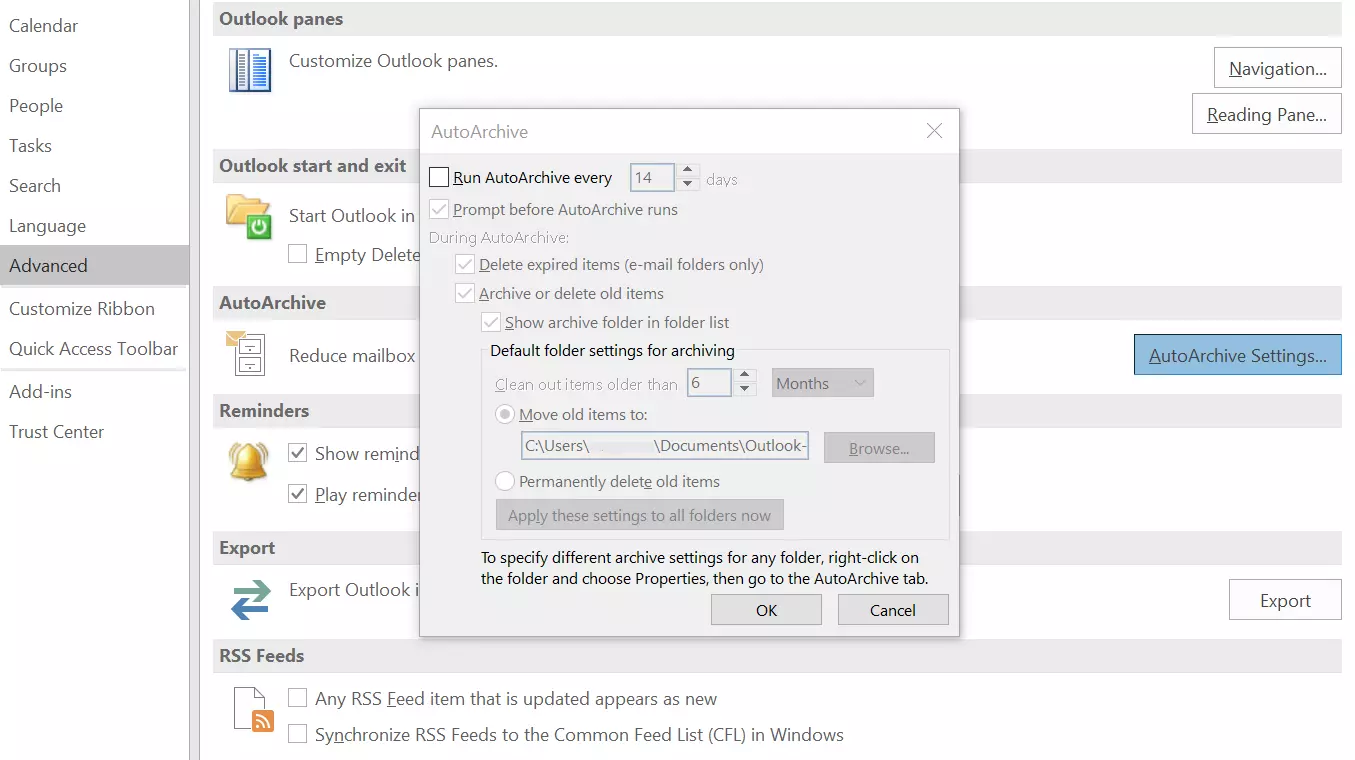 Microsoft Outlook 2016: The “AutoArchive” window
