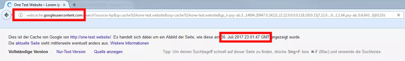 Image: Information bar on a website loaded from Google cache
