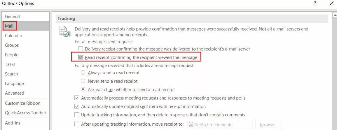 E-mail menu in the Outlook 2016 options