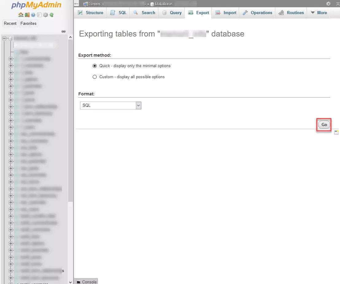 phpMyAdmin – export database tables