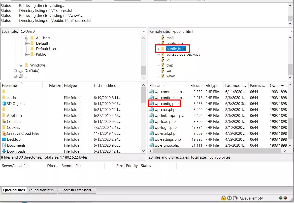 Image: WordPress access using FileZilla: wp-config.php