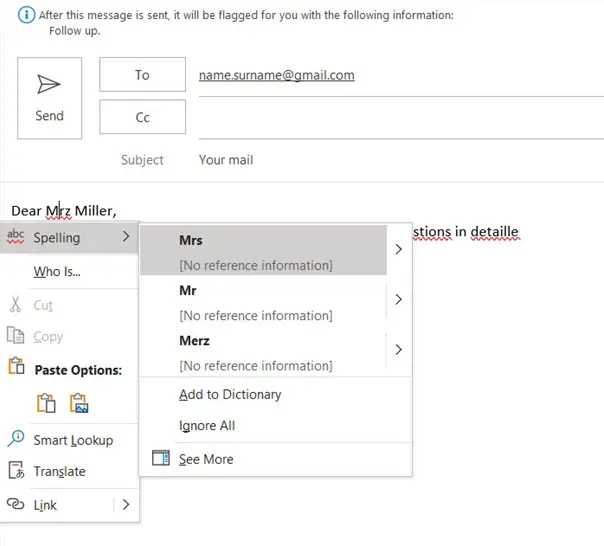 Outlook spell check: Suggestions for correction Image: Outlook spell check: Suggestions for correction