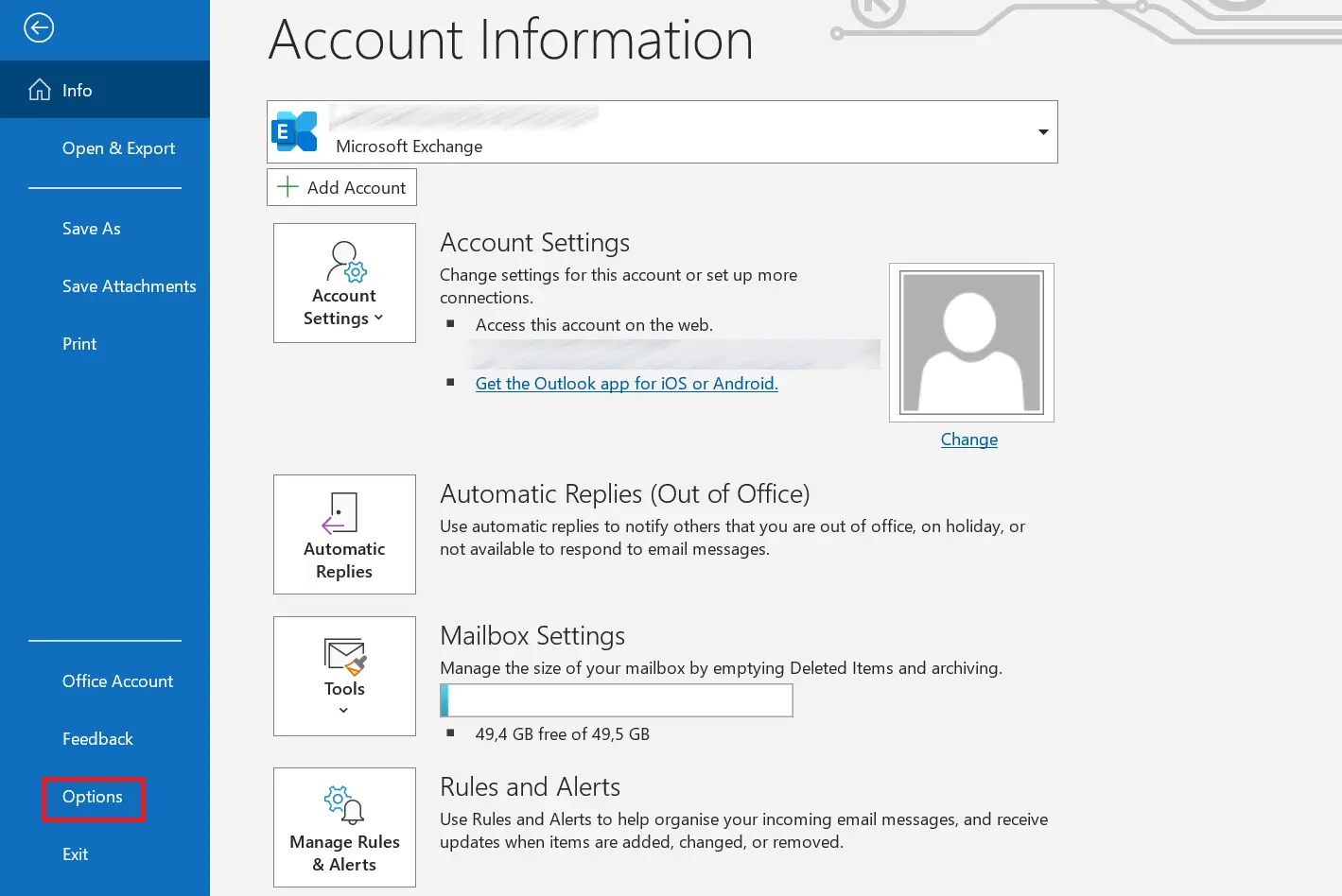 Outlook settings menu Image: Outlook settings menu