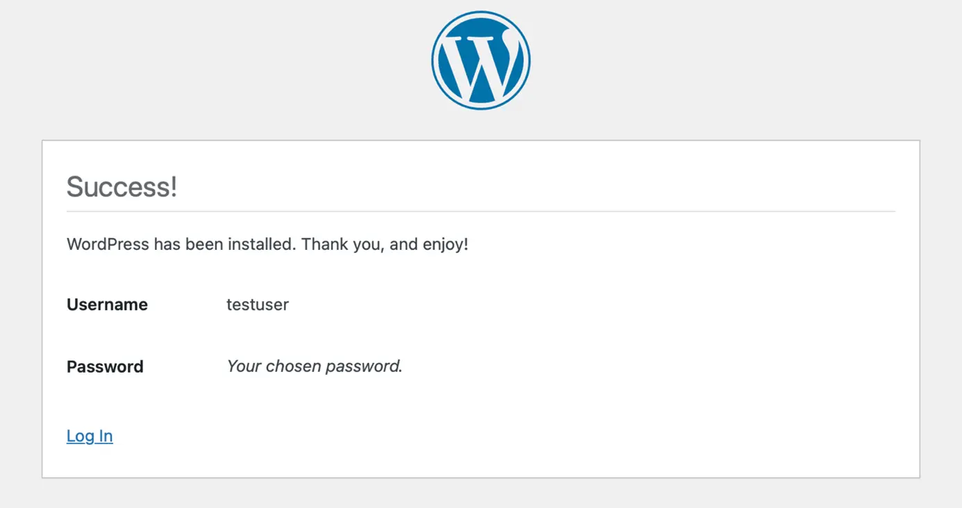 Image: Screenshot of the successful WordPress installation
