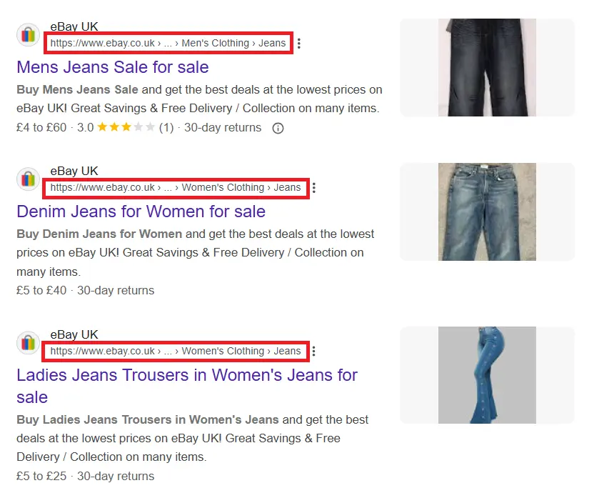 Image: Google search screenshot for &lsquo;ebay jeans&rsquo;