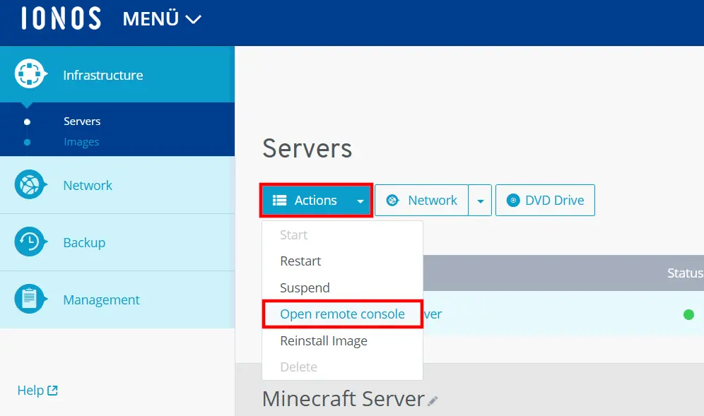 IONOS Cloud Panel: Open remote console Image: IONOS Cloud Panel: Open remote console