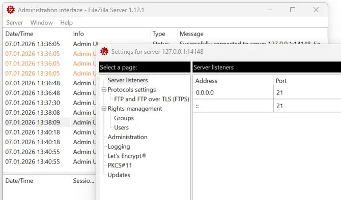 Image: FileZilla server menu