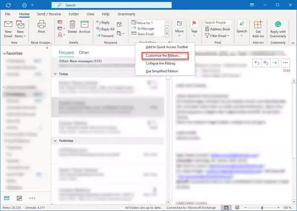 Image: Outlook option to ‘Customize the Ribbon…’