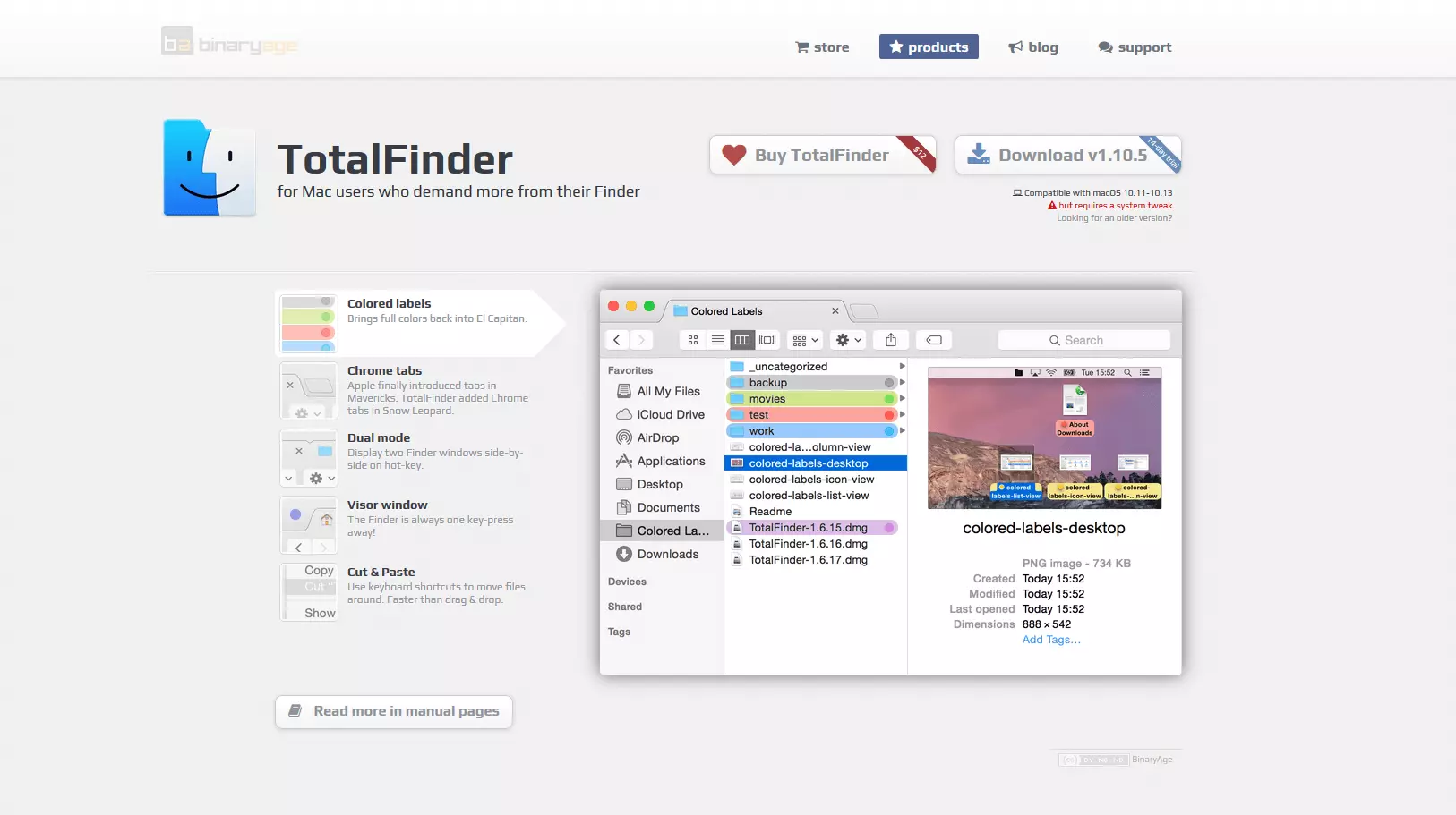 Image: Product website for the Finder extension, TotalFinder